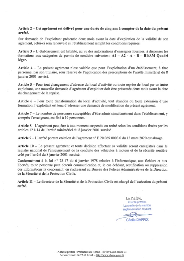 Agrément préfectoral autorisant l'exploitation d'un établissement d'enseignement à la conduite automobile.