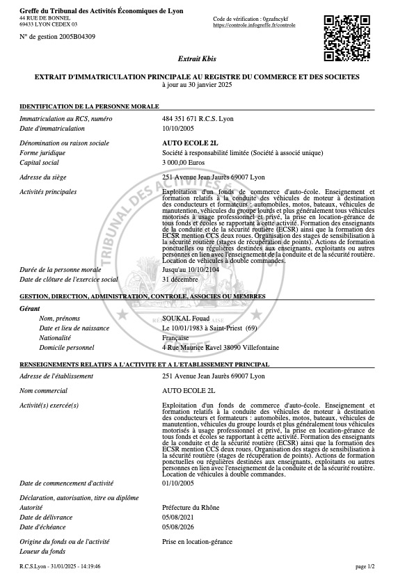 Agrément préfectoral autorisant l'exploitation d'un établissement d'enseignement à la conduite automobile.